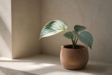 Small potted plant in terracotta, soft window light