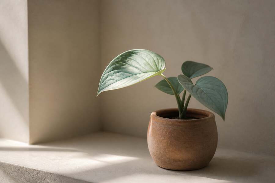 Small potted plant in terracotta, soft window light