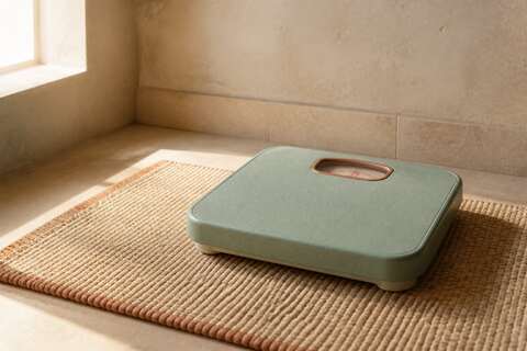 Sage-green analog bathroom scale on a woven mat